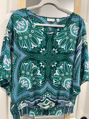 New York & Company Teal Green Purple Paisley Scoop-Neck Blouse